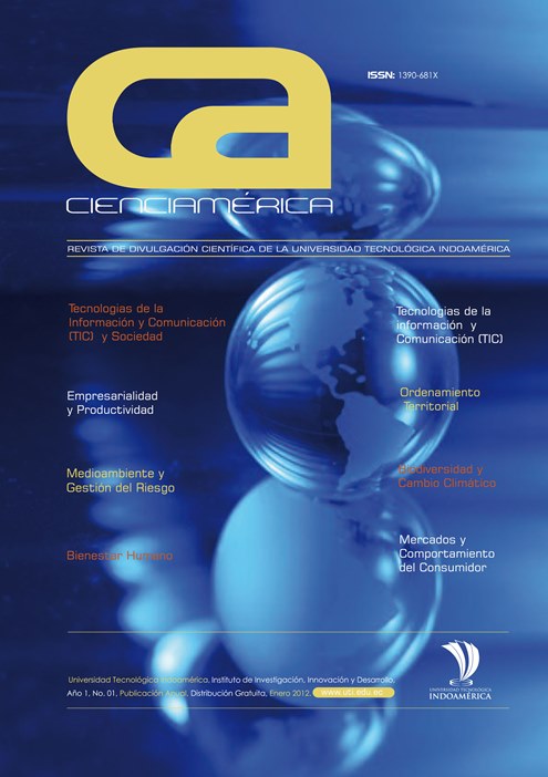 Portada Revista CienciAmérica 2012: Tiene una imágen en la que se presenta una esfera, con el mapa de América y se reflejan dos esferas en la parte superior e inferior en fondo azulado.